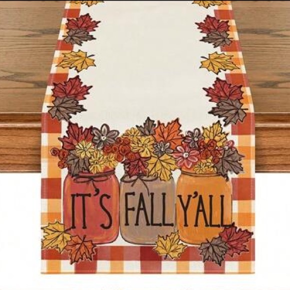 NWT- It’s Fall Y’all Mason Jars- Plaid Table Runner w/ Maple Leaves 🍁 72x13 - Picture 2 of 5